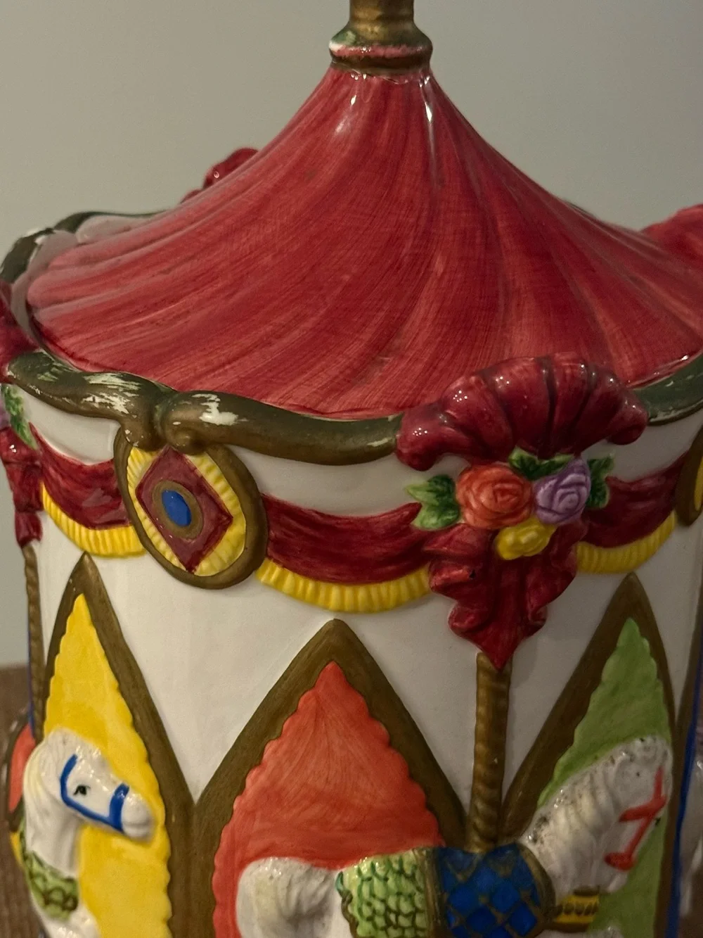 Vintage 1980s Carousel Cookie Jar Ceramic Circus Canister Colorful Kitchen Decor